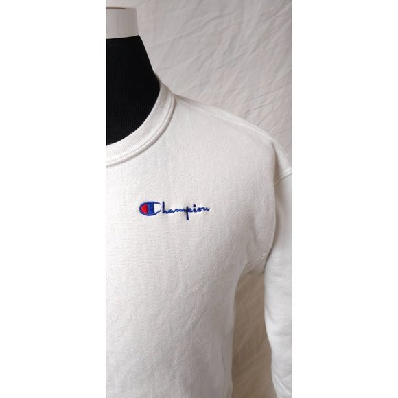 Champion Reverse Weave Medium White Crop Spellout Logo Heavyweight Sweatshirt - Picture 2 of 13